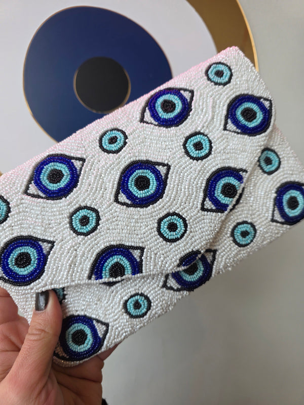 Evil eye handbeaded clutch